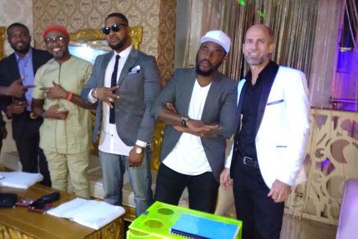 Kenneth Okolie, Uche Oduputa, Bolanle Ninolowo, Bobby Obodo and Head of Pulse Nigeria Rich Tanksley on set of "Husbands of Lagos" season 2