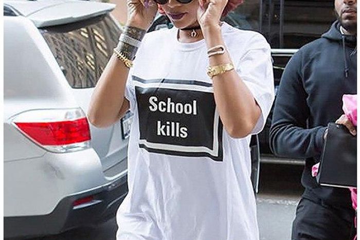 Rihanna has been spotted in Hyein Seo's t-shirt with 'School Kills' boldly written on it