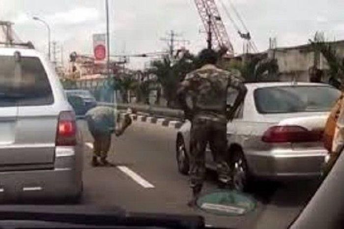 Soldier caught punishing a driver