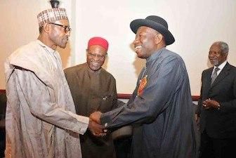 President Goodluck Jonathan and APC Presidential candidate, Muhammadu Buhari at the 2015 general elections sensitization workshop on non-violence in Abuja.
