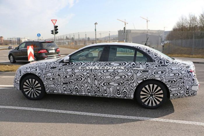 2017 Mercedes Benz E-Class sedan still wearing camouflage.