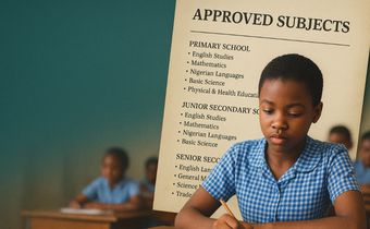 A Nigerian student writes in her notebook as the Federal Government releases the approved list of subjects for basic and senior secondary schools, introducing digital literacy and trade skills from the 2025/2026 academic session. [Meta AI Image]