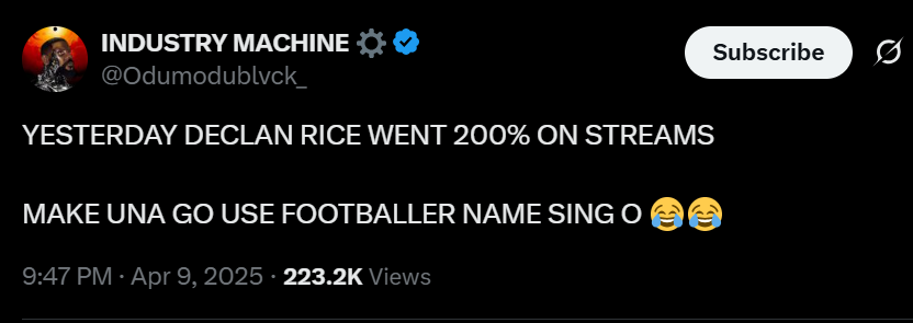 OdumoduBlvck's 'Declan Rice' jumps 200% in streams after Arsenal V Real Madrid match