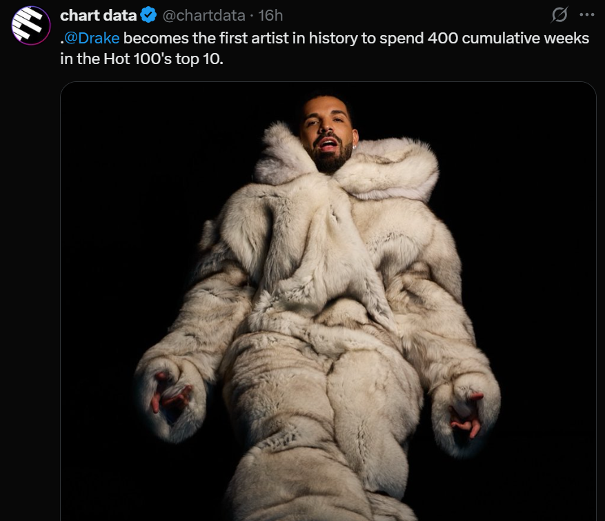 Drake makes history as the longest charting artist on the Top 10 of Billboard Hot 100
