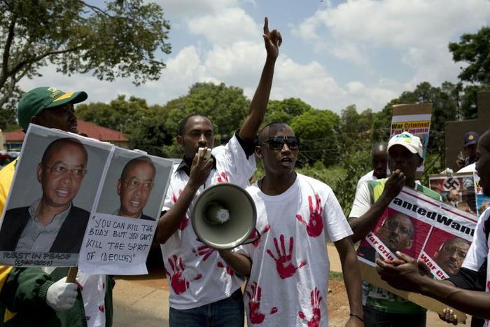 January 2014: Members of the Rwandan National Congress protest at Karegeya's death outside the Rwandan embassy in Pretoria