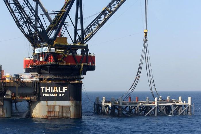A crane vessel puts in place the platform jacket for the Leviathan natural gas field in the Mediterranean Sea, some 125 kilometres off the coast of Israel