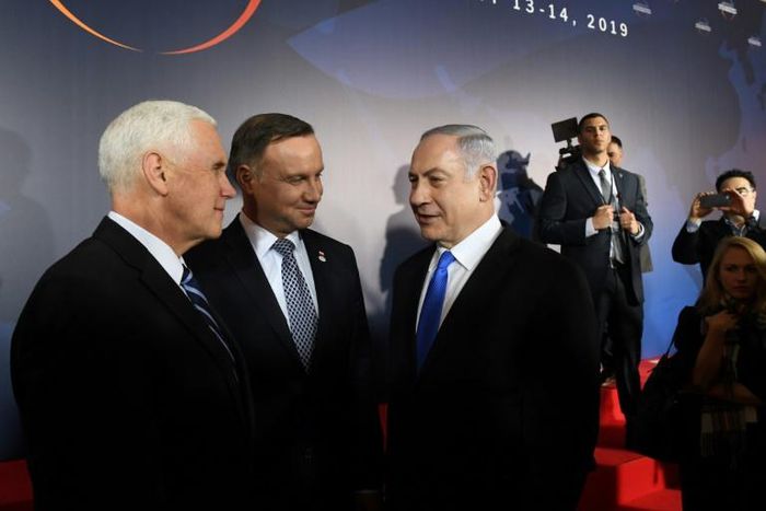 US Vice President Mike Pence, Poland's President Andrzej Duda and Israeli Prime Minister Benjamin Netanyahu (left to right) speak at the opening of a conference on the Middle East in Warsaw