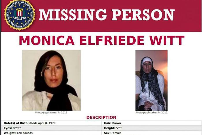 The FBI's Missing Person page for Monica Elfriede Witt, a former US Air Force counterintelligence officer charged with spying for Iran