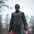 Video footage on social media showed men using a rope to topple the statue of Father Henryk Jankowski, pictured December 2018 after it was vandalized with paint over the accusations against him of paedophilia