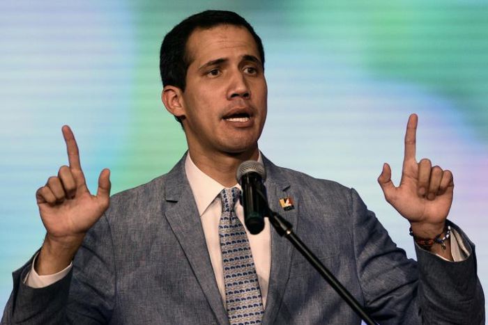 The president of Venezuela's National Assembly and self-proclaimed acting president Juan Guaido delivers a speech at the Central University of Venezuela (UCV) in Caracas on February 8, 2019