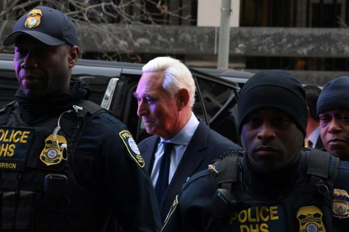 Longtime Donald Trump adviser Roger Stone arrives for his arraignment on charges of lying to Congress