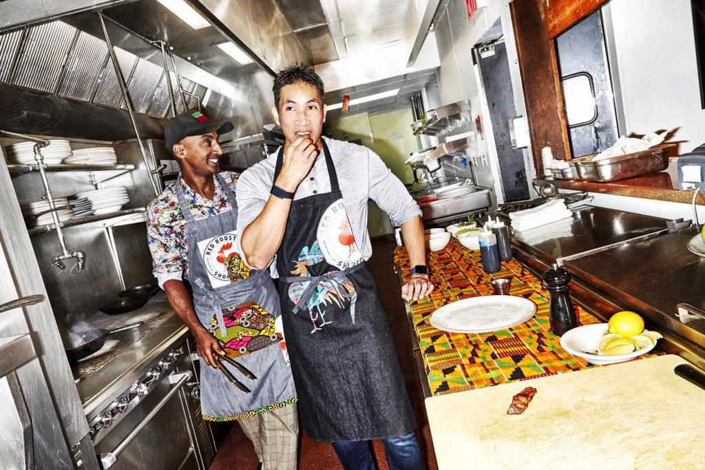 Chef Marcus Samuelsson, left, with Mens Health fitness director Ebenezer Samuel.