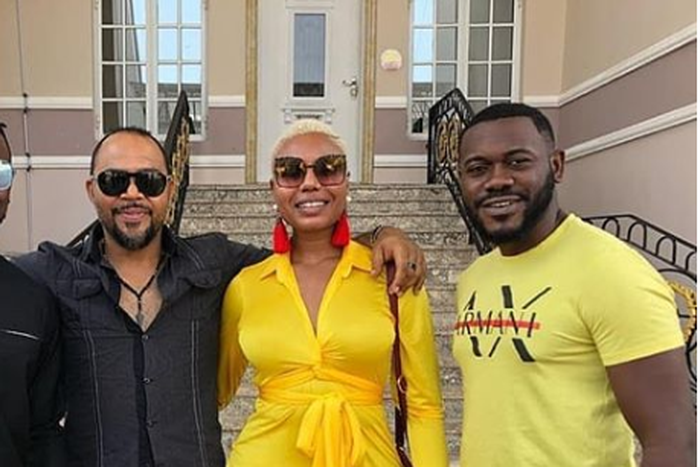 Ramsey Nouah, Nancy Isime and Deyemi Okanlawon on the set of 'Levi.'