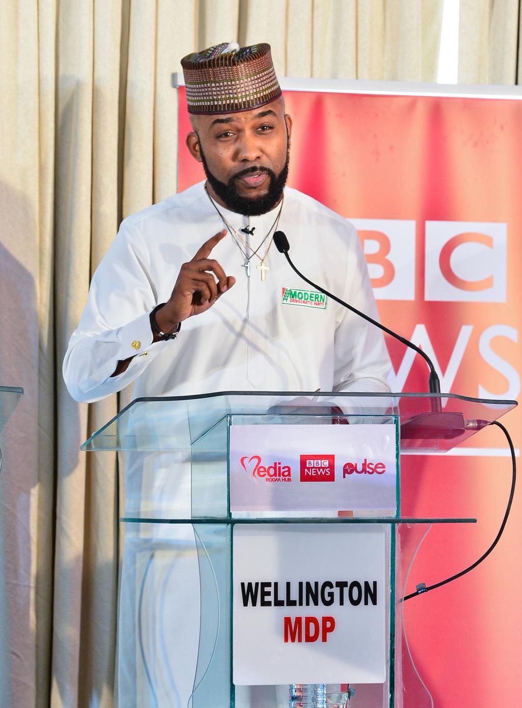 Olubankole Wellington (Banky W) of the Modern Democratic Party (MDP) at a debate for candidates contesting for the Eti-Osa constituency seat in the House of Representatives