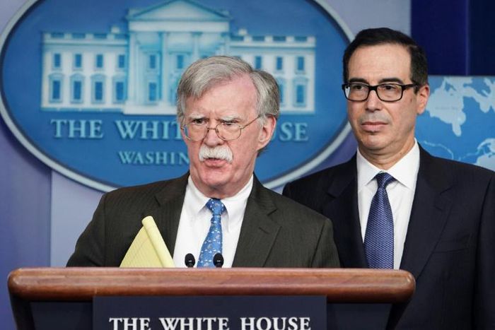National Security Advisor John Bolton (left) and Treasury Secretary Steven Mnuchin briefed reporters on the latest US efforts to ramp up pressure on Venezuela's Nicolas Maduro