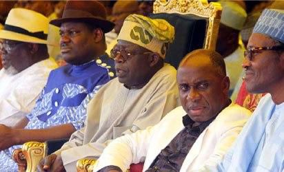 L-R: Tele Ikuru, APC leader, Bola Ahmed Tinubu and the Governor of Rivers state, Rotimi Amaechi