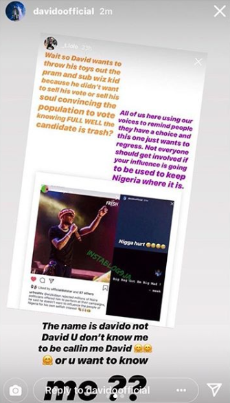 Davido's response to T.Lolo on Instagram.