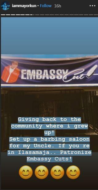 Mayorkun sets up barbing saloon for his uncle [Instagram/IamMayorkun]