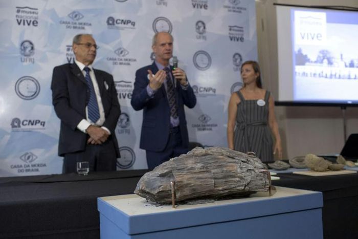 The director of Brazil's National Museum Alexander Kellner (C) shows fossils found in the debris of the institution, gutted by a fire last year, now part of an exhibition called"When Not Everything Was Ice: New Discoveries in the Antarctic Continent"