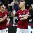 Declan Rice (left) celebrates with West Ham team-mate Marko Arnautovic after scoring the goal that downed Arsenal 1-0 at home