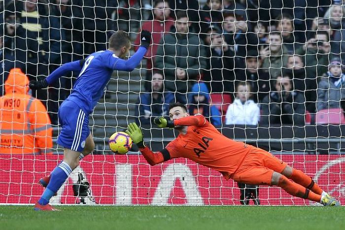 Tottenham captain Hugo Lloris saves Jamie Vardy's penalty at Wembley