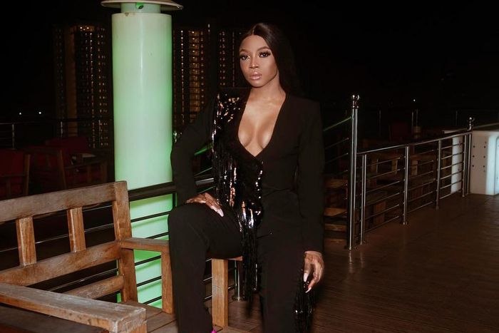Style icon Toke Makinwa re-imagines the power suit with this black sequinned Tubo creation