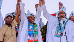 From L-R APC chairman, Adams Oshiomhole, Governor Umar Ganduje and President Buhari at the presidential rally in Kano [Channels Television]