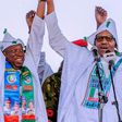 From L-R APC chairman, Adams Oshiomhole, Governor Umar Ganduje and President Buhari at the presidential rally in Kano [Channels Television]