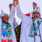 From L-R APC chairman, Adams Oshiomhole, Governor Umar Ganduje and President Buhari at the presidential rally in Kano [Channels Television]