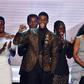 Chadwick Boseman (C) accepts the top SAG Award for "Black Panther" flanked by his castmates including Michael B. Jordan (L), Danai Gurira (C), Lupita Nyong'o (2R) and Angela Bassett (R)
