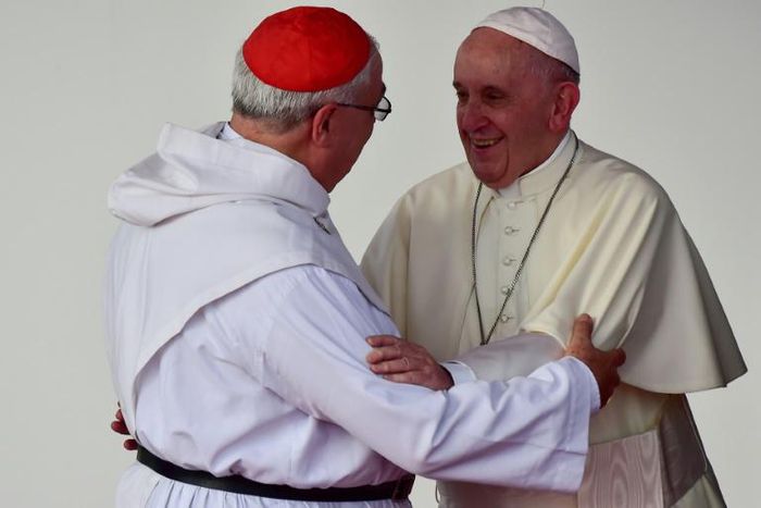Pope Francis is pictured upon landing at Tocumen International Airport in Panama City on January 23, 2019 Pope Francis said fear of migration was "making us crazy" as he headed to Panama on Wednesday January 23, 2019 for a gathering of young Catholics,...