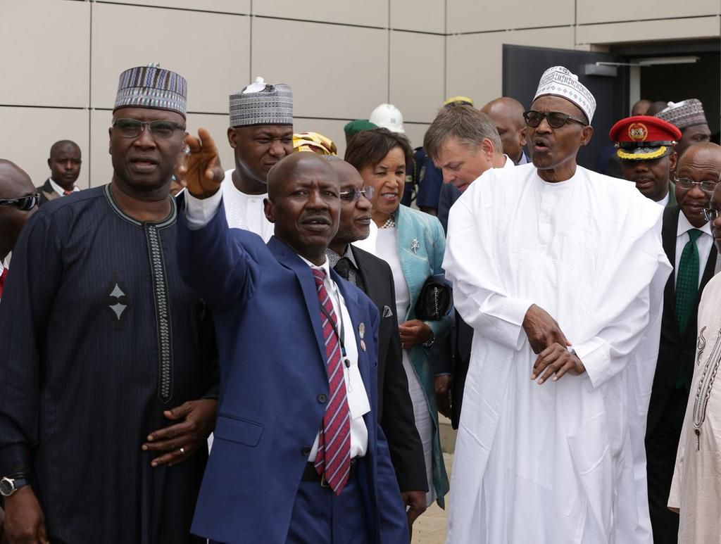 L-R: Secretary to the Government of the Federation, Boss Mustapha, EFCC acting chairman, Ibrahim Magu and President Muhammadu Buhari