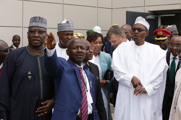 L-R: Secretary to the Government of the Federation, Boss Mustapha, EFCC acting chairman, Ibrahim Magu and President Muhammadu Buhari