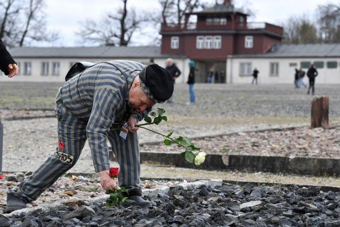 A former prioner lays flowers at the Buchenwald Nazi concentration camp in Weimar, eastern Germany, whose foundation is now protesting plans to turn an annex at the site into a sausage museum