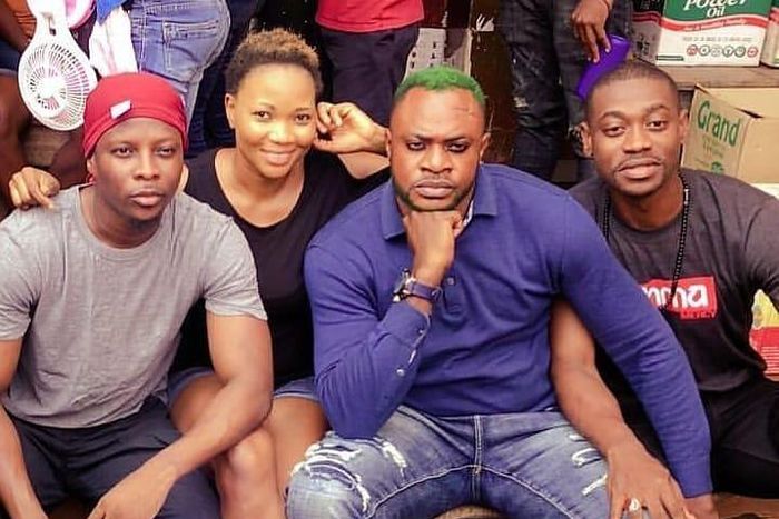 Rotimi Salami, Jumoke Odetola, Odunlade Adekola and Lateef Adedimeji on the set of 'Depression.'