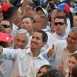 Venezuela's opposition leader Juan Guaido (center) takes a selfie with Chilean President Sebastian Pinera (left), Colombian President Ivan Duque (second right) and Paraguayan President Mario Abdo Benitez (right)