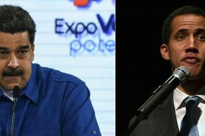 Venezuela's President Nicolas Maduro (left) is blocking US aid while self-proclaimed acting president Juan Guaido has vowed he will get the food and medicine into the country "one way or another"