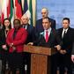 Venezuela's Foreign Minister Jorge Arreaza at the United Nations is flanked by ambassadors from Russia, Syria, China and other countries that have pledged to support Caracas