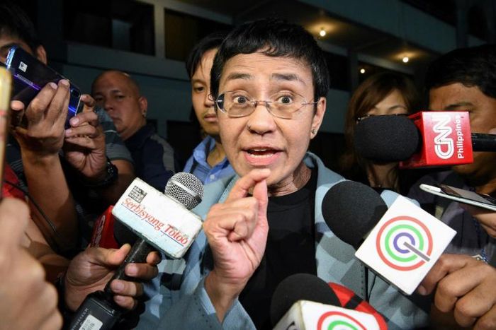 Philippine journalist Maria Ressa managed to speak to reporters at the National Bureau of Investigation after her arrest in Manila Wednesday