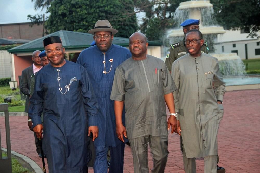 From L-R Akwa-Ibom state Governor, Udom Emmanuel, Governor Seriake Dickson of Bayelsa state, Nyesom Wike, Governor of Rivers state and Delta state Governor, Ifeanyi Okowa (Premium Times)