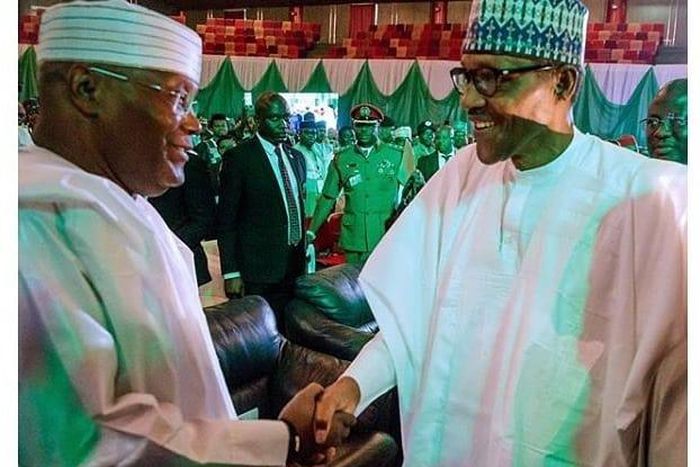 President Muhammadu Buhari meets with Atiku Abubakar his contender in the presidential poll on Saturday,February 16, 2019. [Instagram/onenigeria_]