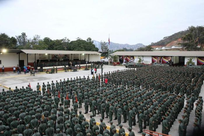 Members of the Bolivarian National Armed Forces (FANB) listen to Venezuela's President Nicolas Maduro during a military rally in Caracas, where Maduro hit out at "mercenaries" conspiring to sow division in the armed forces