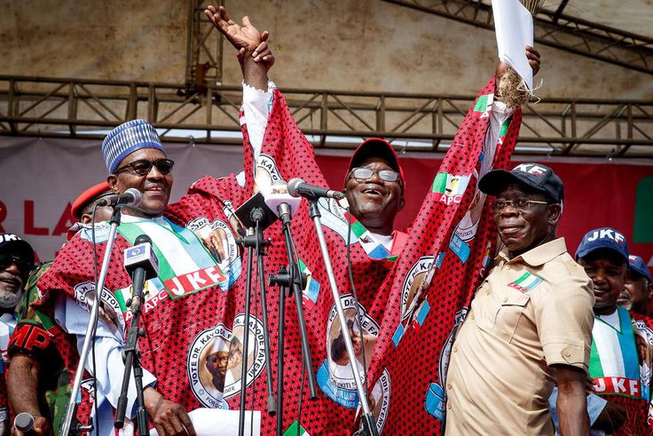 President Muhammadu Buhari (left), Dr Kayode Fayemi (middle) and APC national chairman, Adams Oshiomhole (right) at the APC mega rally in Ekiti, July 10, 2018