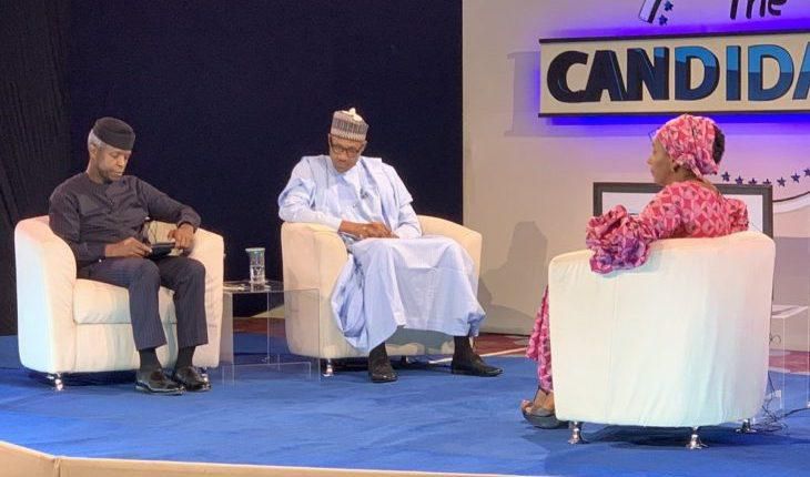 President Muhammadu Buhari seemed to have needed help from his deputy Professor Yemi Osinbajo during an interaction with Kadaria Ahmed, the moderator of a townhall programme "The Candidates".