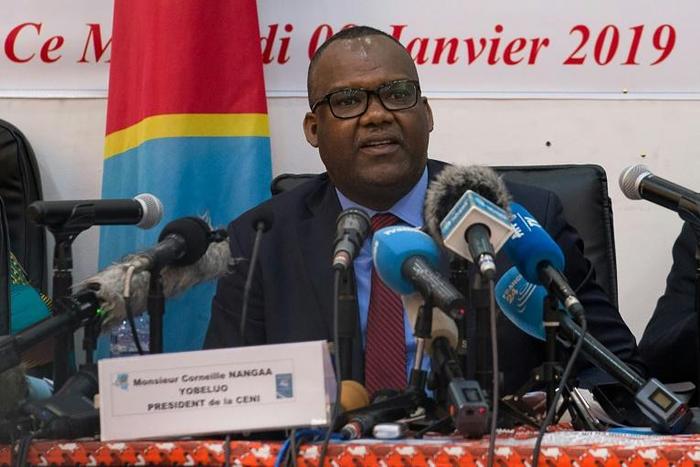 The president of DR Congo's Independent National Election Commission, Corneille Nangaa, announces the provisional results of the presidential election in January 2019