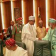 President Muhammadu Buhari shakes hands with former Head of State, Abdulsalami Abubakar, with Senate President, Bukola Saraki in the background at the National Council of State meeting that held in the Presidential Villa on January 22, 2019