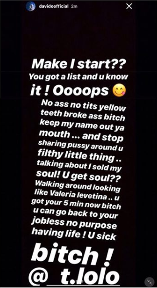 Davido's response to T.Lolo on Instagram.