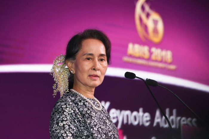 Myanmar State Counsellor Aung San Suu Kyi glossed over the conflict while pressing for investment in Rakhine state