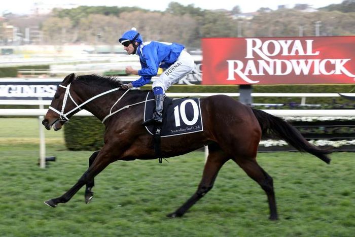 Jockey Hugh Bowman rides Winx during the Winx Stakes horse race at the Royal Randwick race course in Sydney in August last year