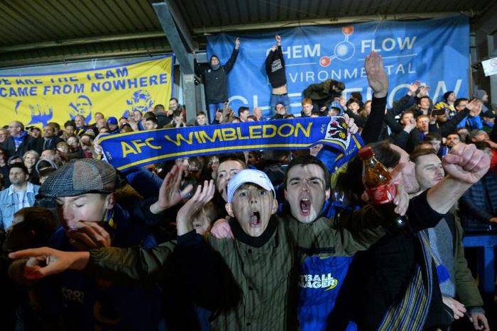 Up for the Cup: AFC Wimbledon fans celebrate their 4-2 victory over West Ham in the fourth round of the FA Cup